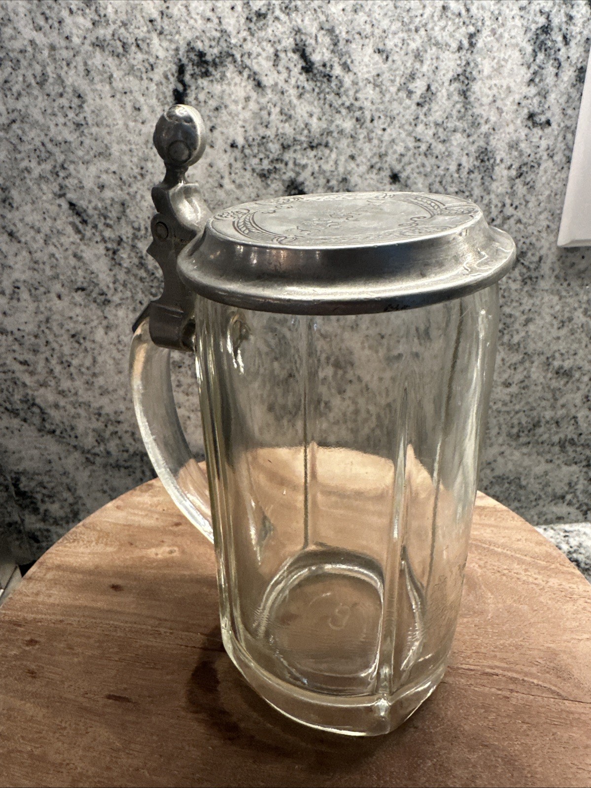 GLASS GERMAN BEER STEIN WITH Engraved Name pewter lid collectible early 1900