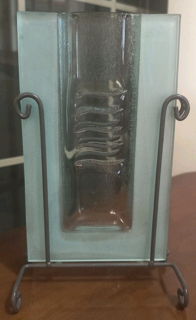 Mark Hines Art Glass Vase. Clear And Frosted Glass With Metal Stand