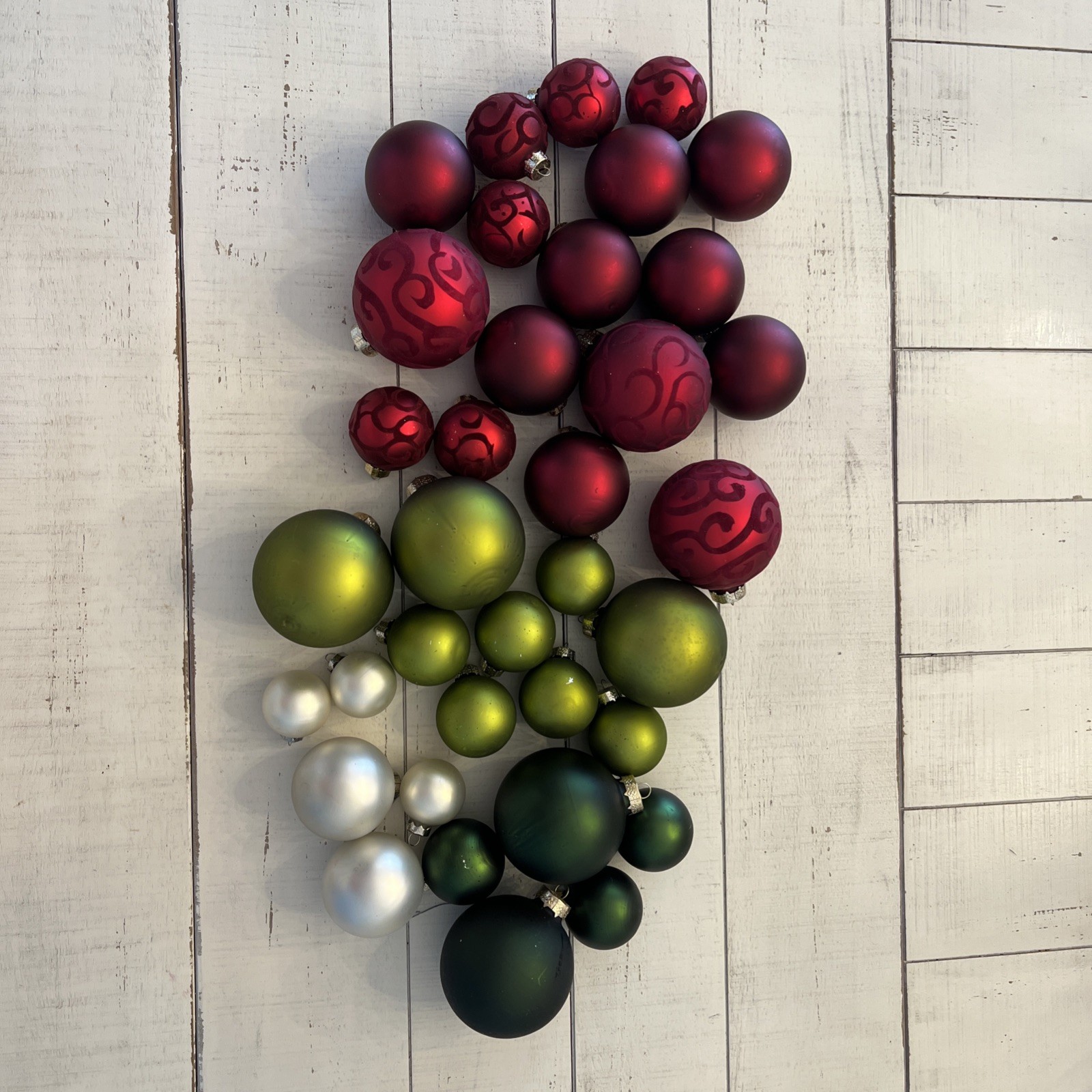 Vintage Glass Christmas Ornaments Red Green White Matte Some Velvet Set of 36