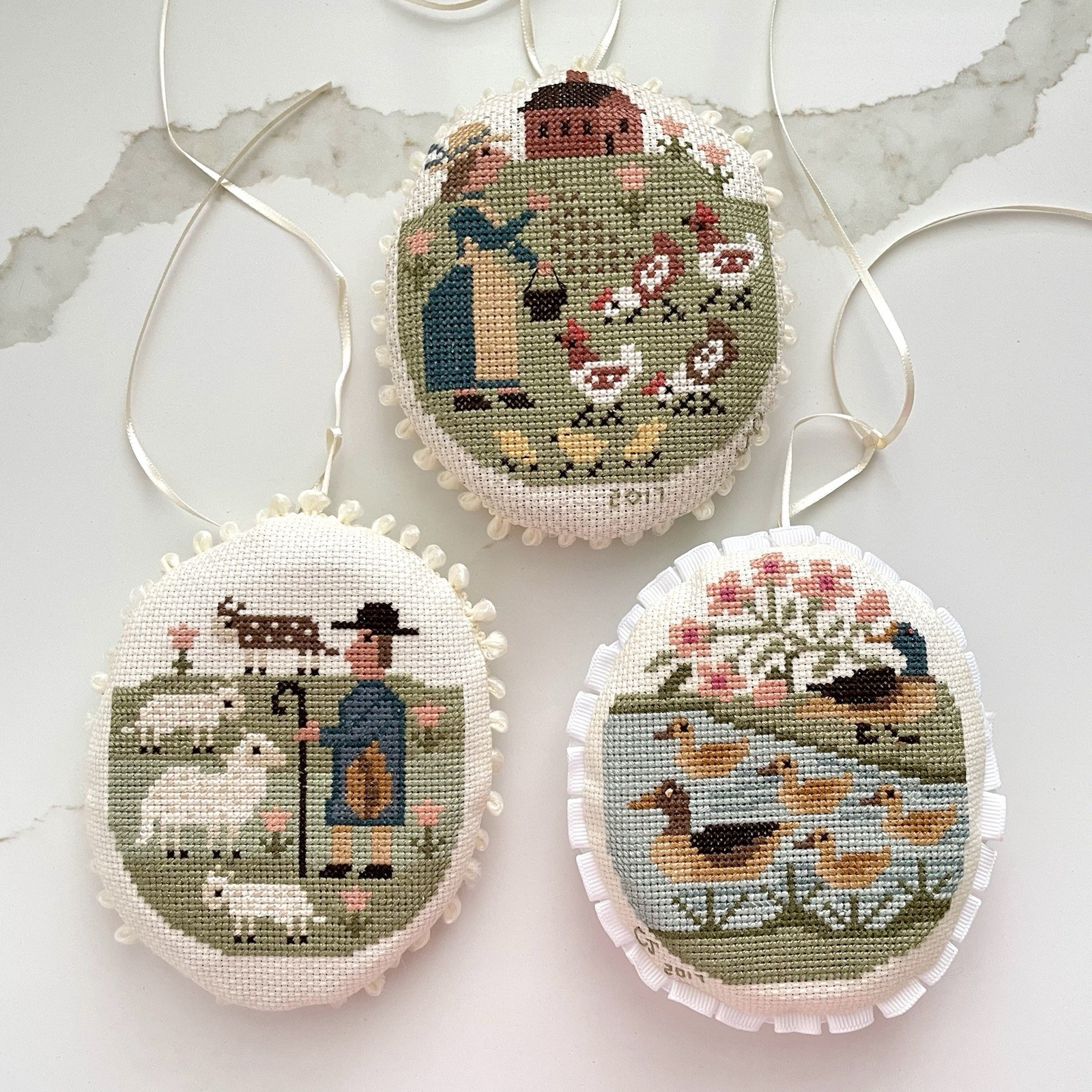 Primitive Folk Art Cross Stitch Christmas Ornaments Lot Farm Animals Colonial