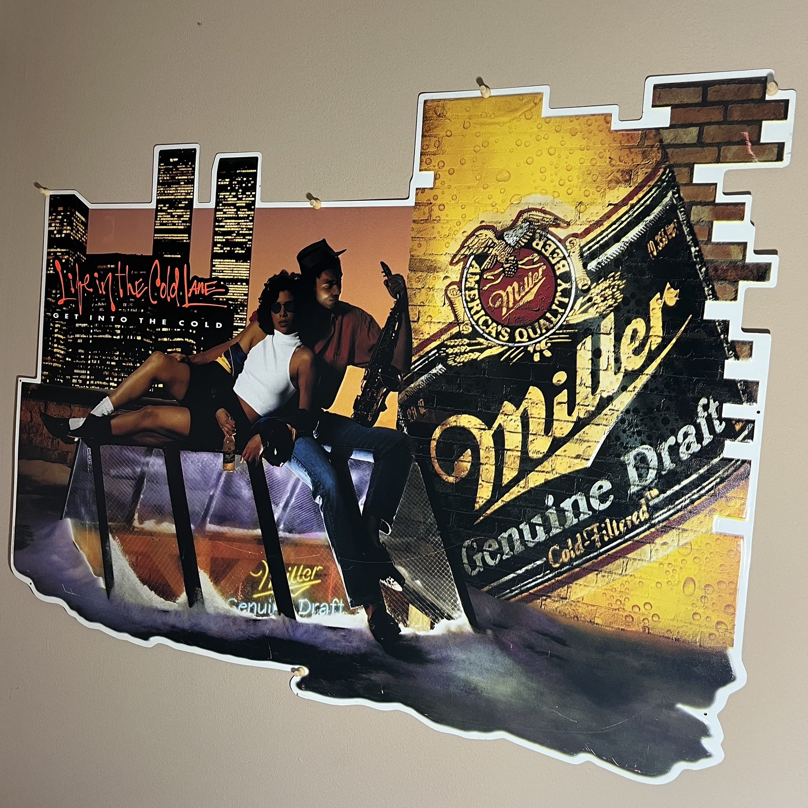 Vintage MGD 28x38” Metal Beer Sign “Life In The Cold Lane” Huge RARE 1980s