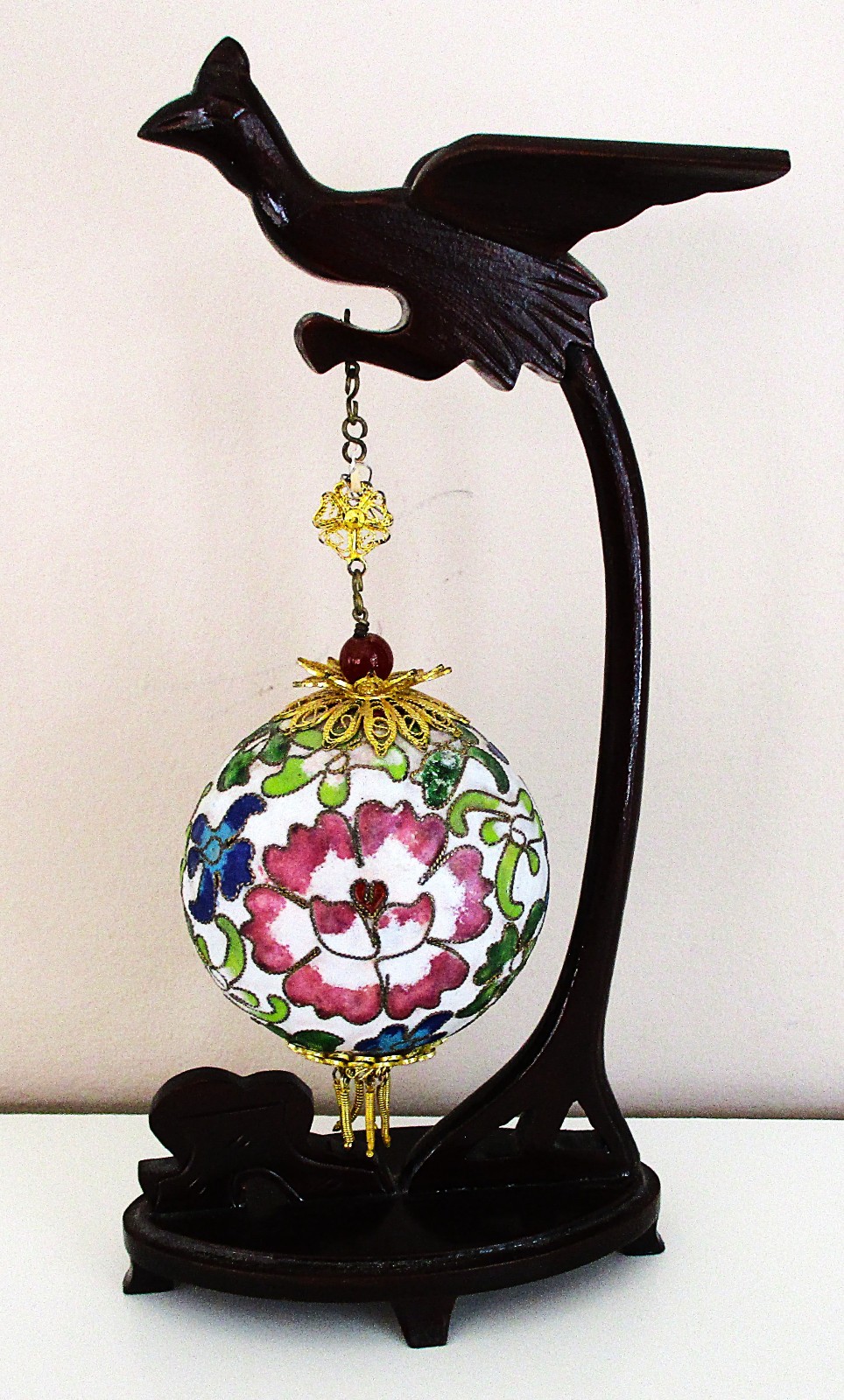 Vintage Chinese Cloisonné Enamel Sphere On Carved Rosewood Bird ~ Very Good