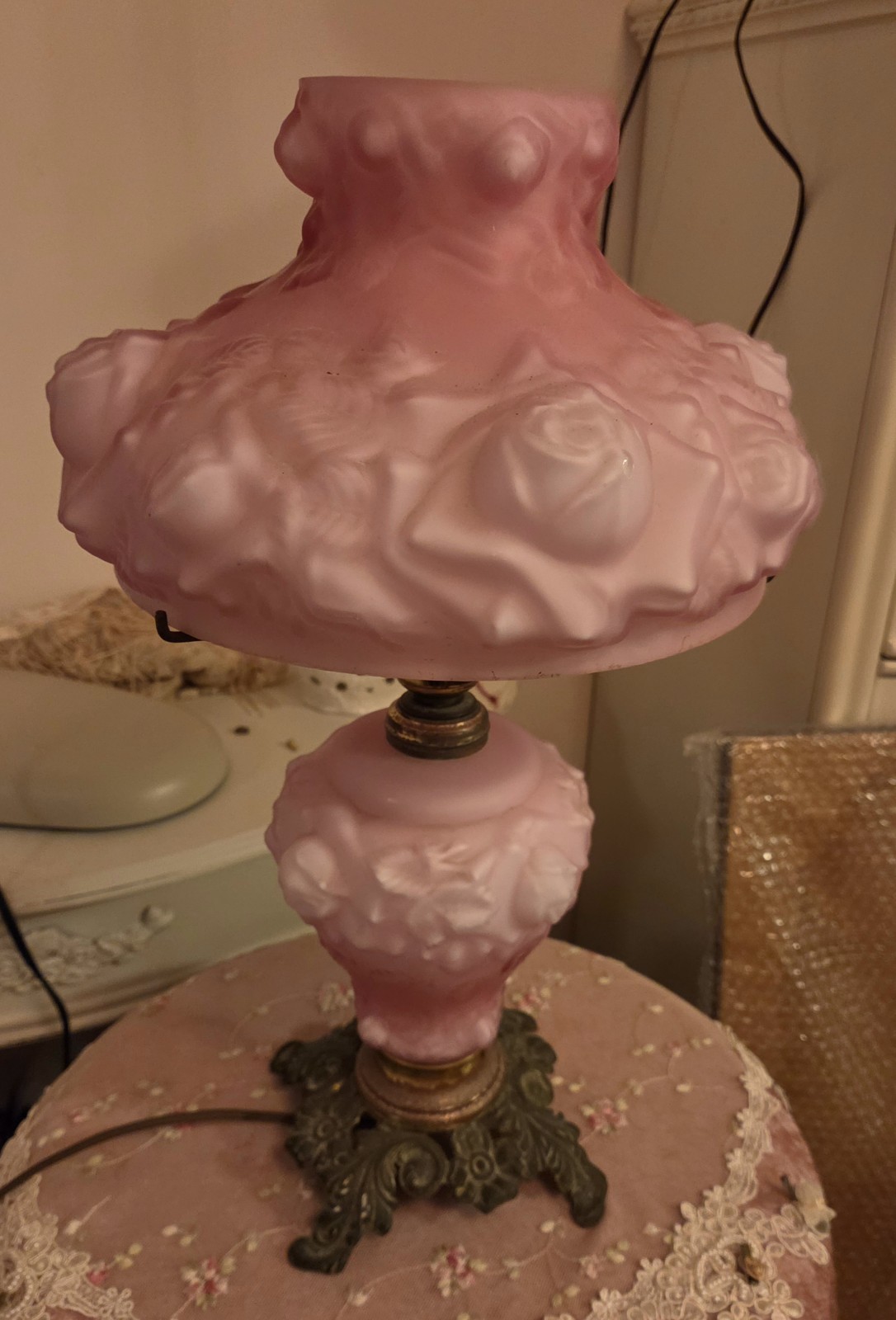 VTG FENTON PUFFY ROSE Hurricane Lamp White / Pink Cased Glass 18.5” Tall
