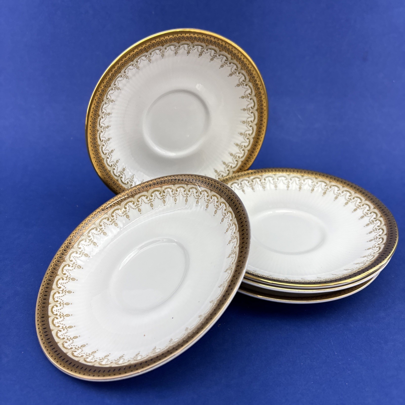 Paragon Royal Albert Athena Set/5 Bone China Gold 5” Orphan Saucers England￼￼￼