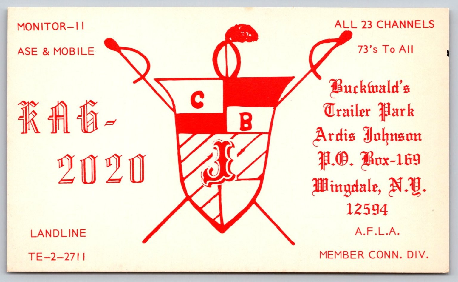 Vintage QSL Postcard KAG-2020 CB Radio Buckwald's Trailer Park Wingdale NY C41