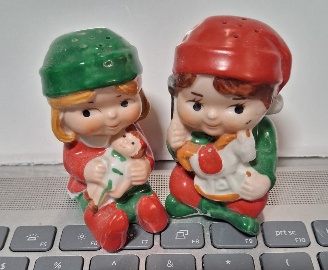 Vintage Christmas Ceramic Avon Boy & Girl Salt & Pepper Shakers2 PC Set, 1983