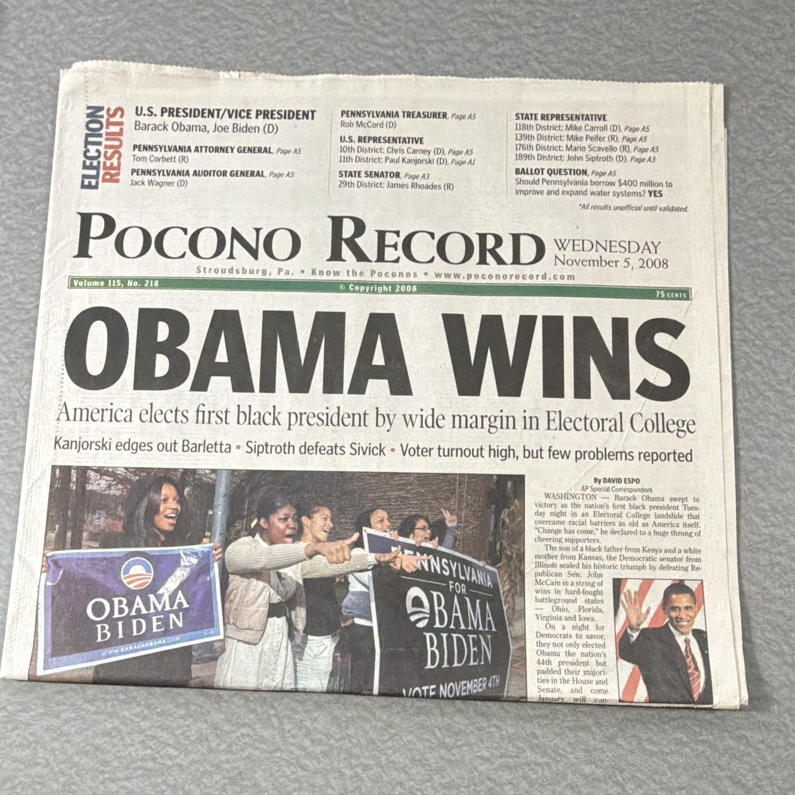 Vintage Nov 5, 2008 Pocono Record “Obama Wins” 