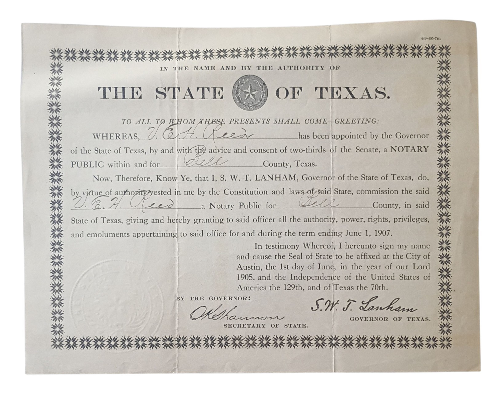 1905 Notary Public Commission Certificate Signed By Governor S.W.T Lanham