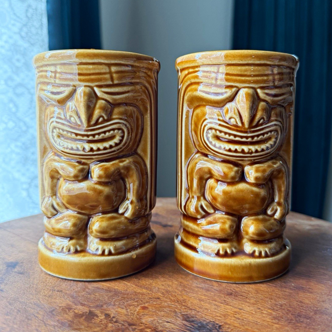 Vintage MCM Orchids of Hawaii R91 Hawaiian Tiki Mugs Set of 2 Tumblers