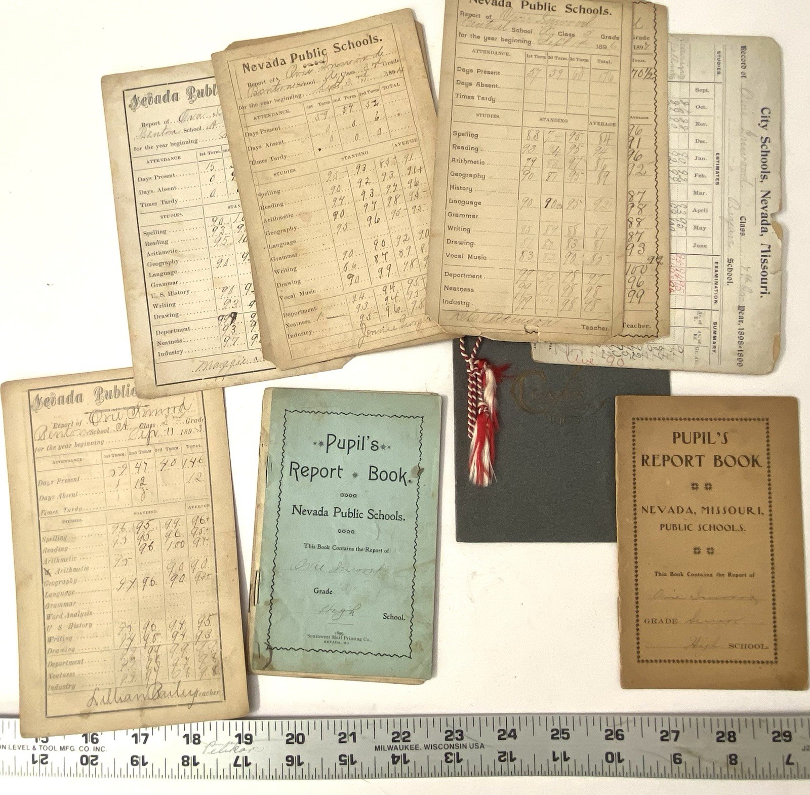 Lot of Antique 1892-1903 Report Cards 1-7, 9-12 Same Student Junk Journal E615
