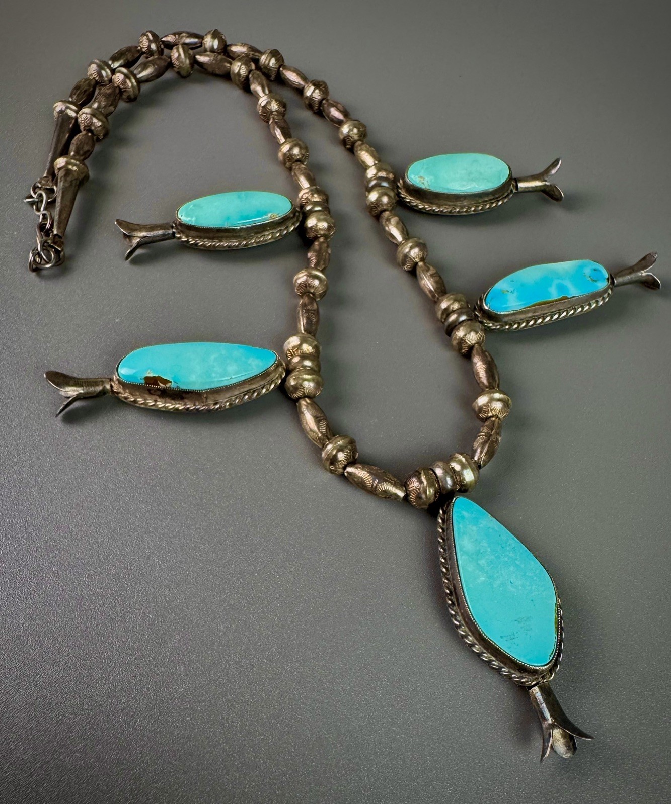 Vintage Navajo Sterling Silver GEM MORENCI Turquoise Squash Blossom Necklace 🤩