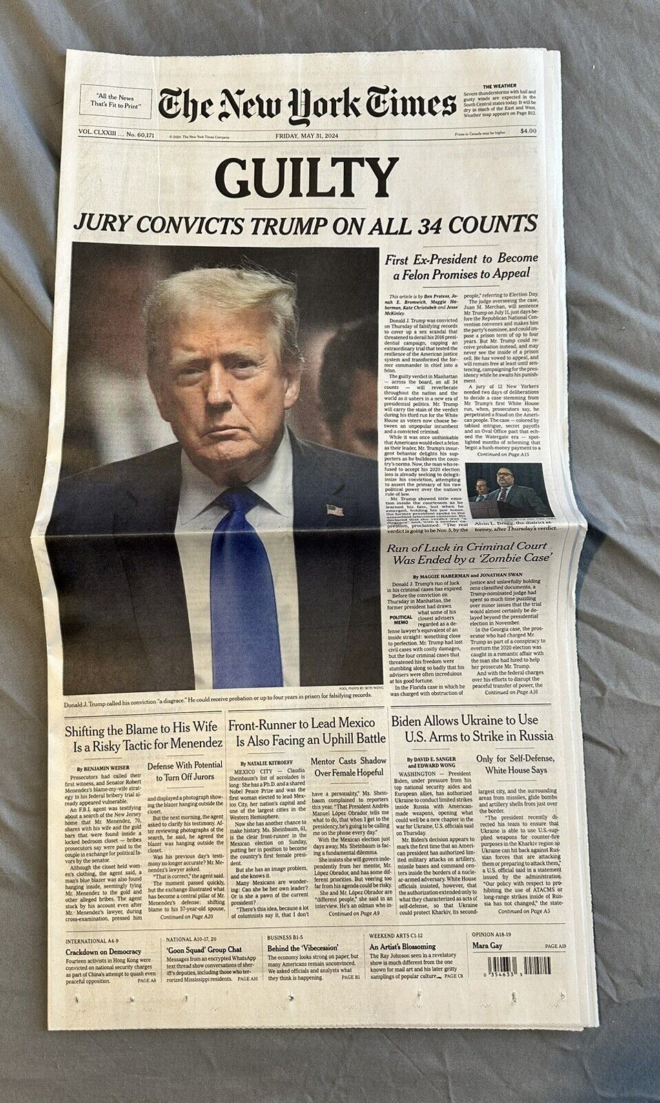 NEW YORK TIMES NEWSPAPER - TRUMP GUILTY ON ALL 34 COUNTS - MAY 31, 2024 FRIDAY