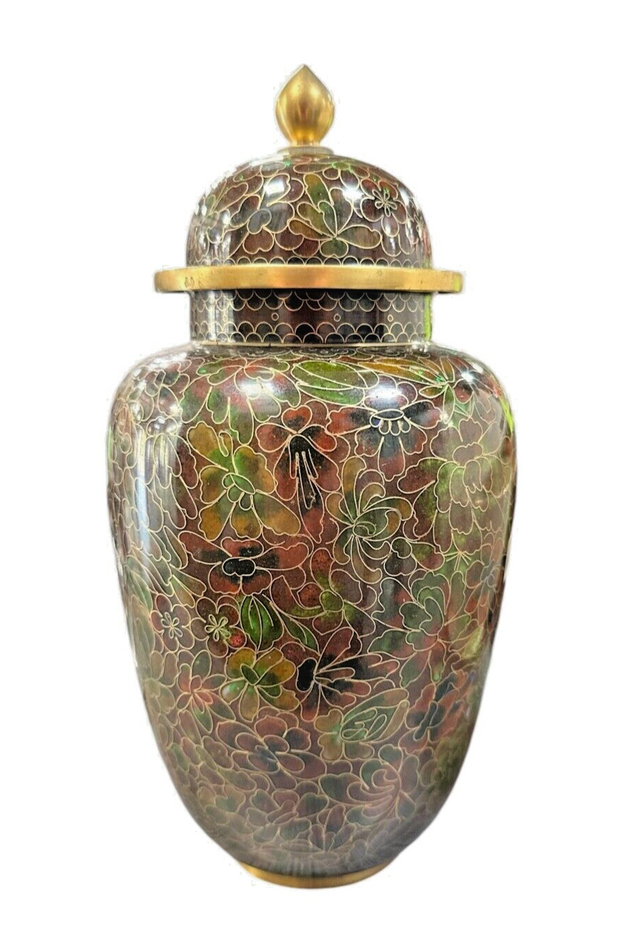 VINATGE CLOISSONNE COVERED BRASS URN WITH FINIAL ORNATE FLORAL DECORATION