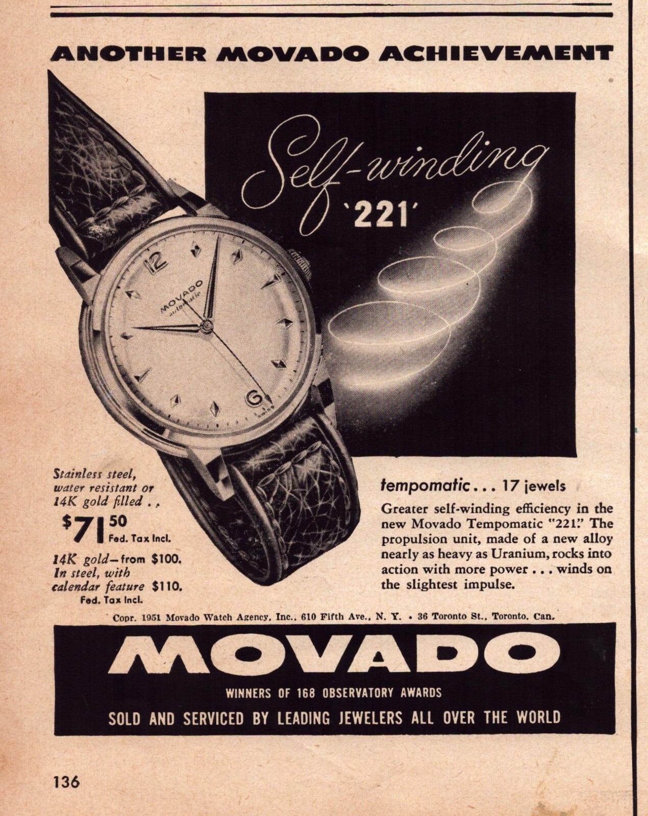 1951 Movado Watch Print Ad Self Winding 221 Another Achievement