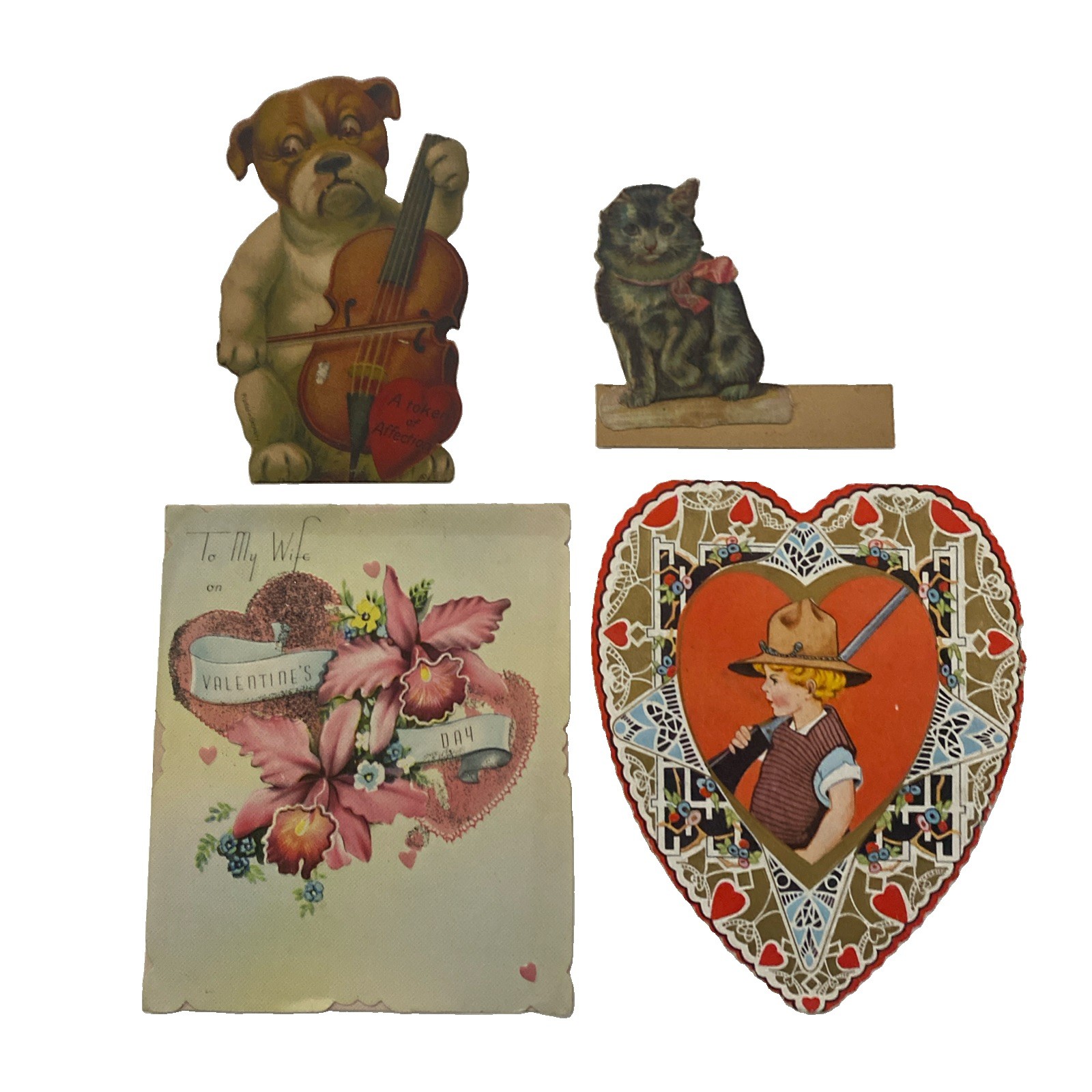 Lot Of 4  1920s-40s Valentine Die Cut Mechanical Bulldog Cello Cat Boy Hunter