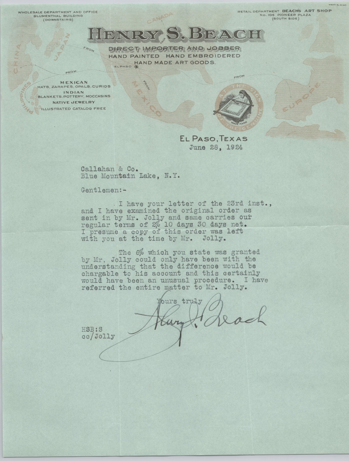 1924 Henry Beach Native American Mexican Goods El Paso TX Letterhead BH2-69