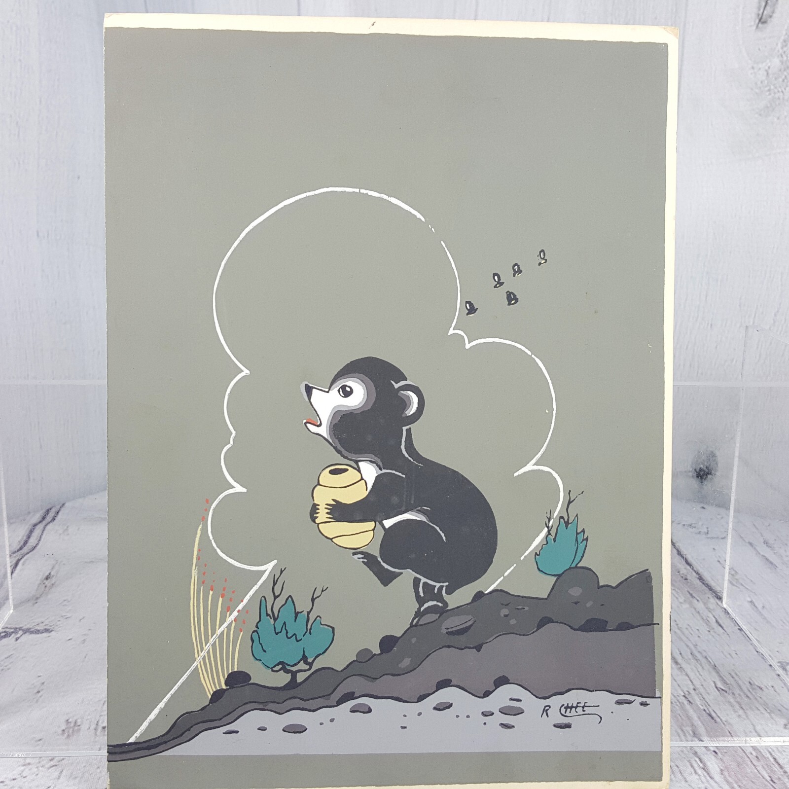 Vtg Robert Chee Serigraph Silkscreen Bear Cub w Honey Bee Hive Navajo Art 6 x 8