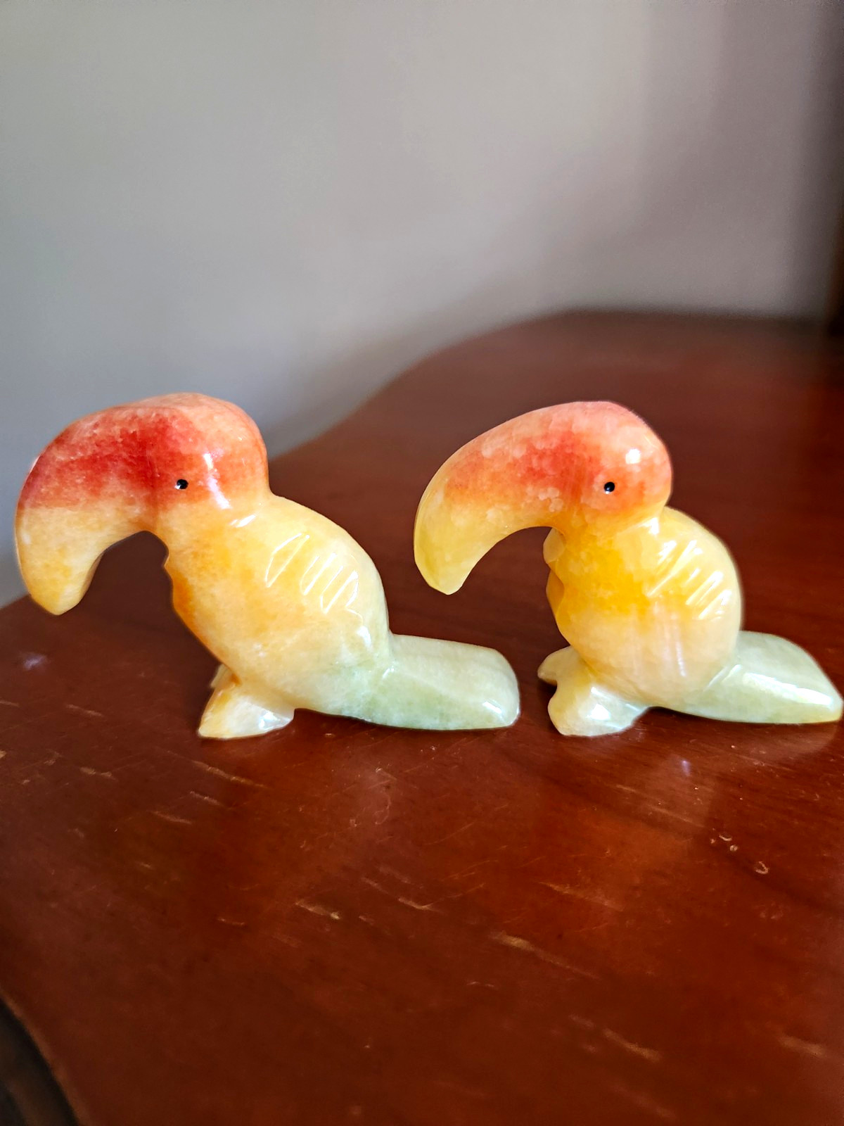 Pair of Alabaster Toucan Bird Figurines Carved Stone Green Yellow Orange