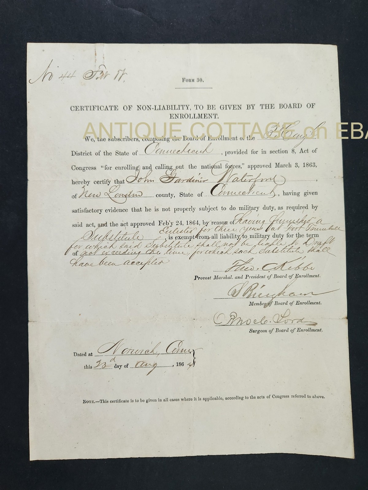 1864 antique CIVIL WAR CERTIFICATE NON-LIABILITY new london ct JOHN GARDNER