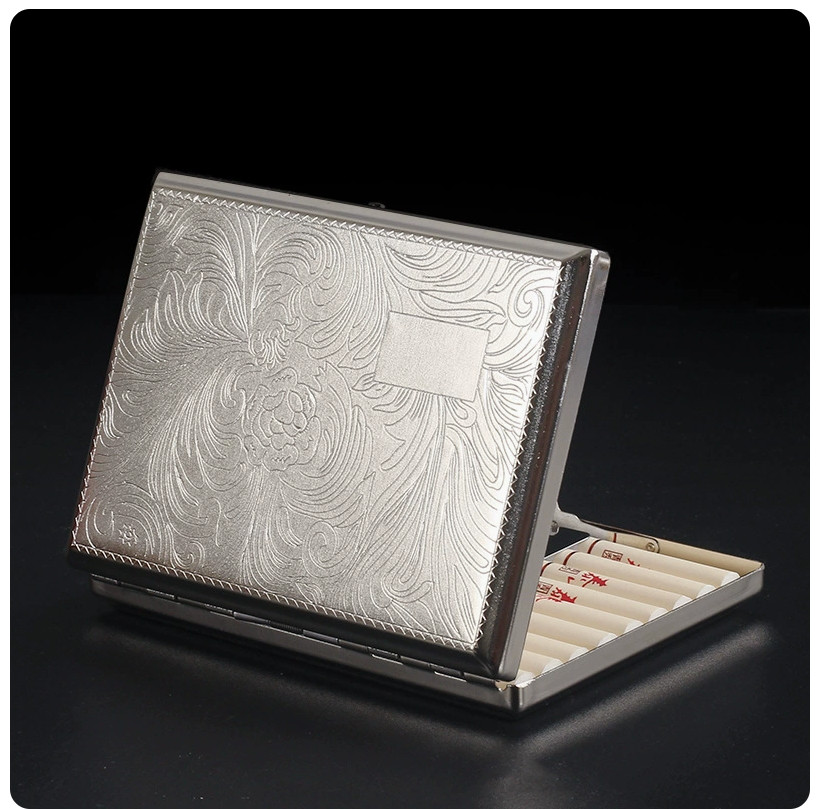 Vintage Classic Portable Silver Double Sided Cigarette Case Flower King Size 20S