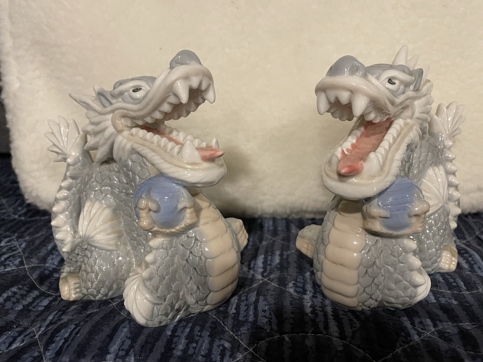 Vintage Yoshimi K Porcelain Foo Dragon Japan Light Blue Figurine Sphere Pair Set