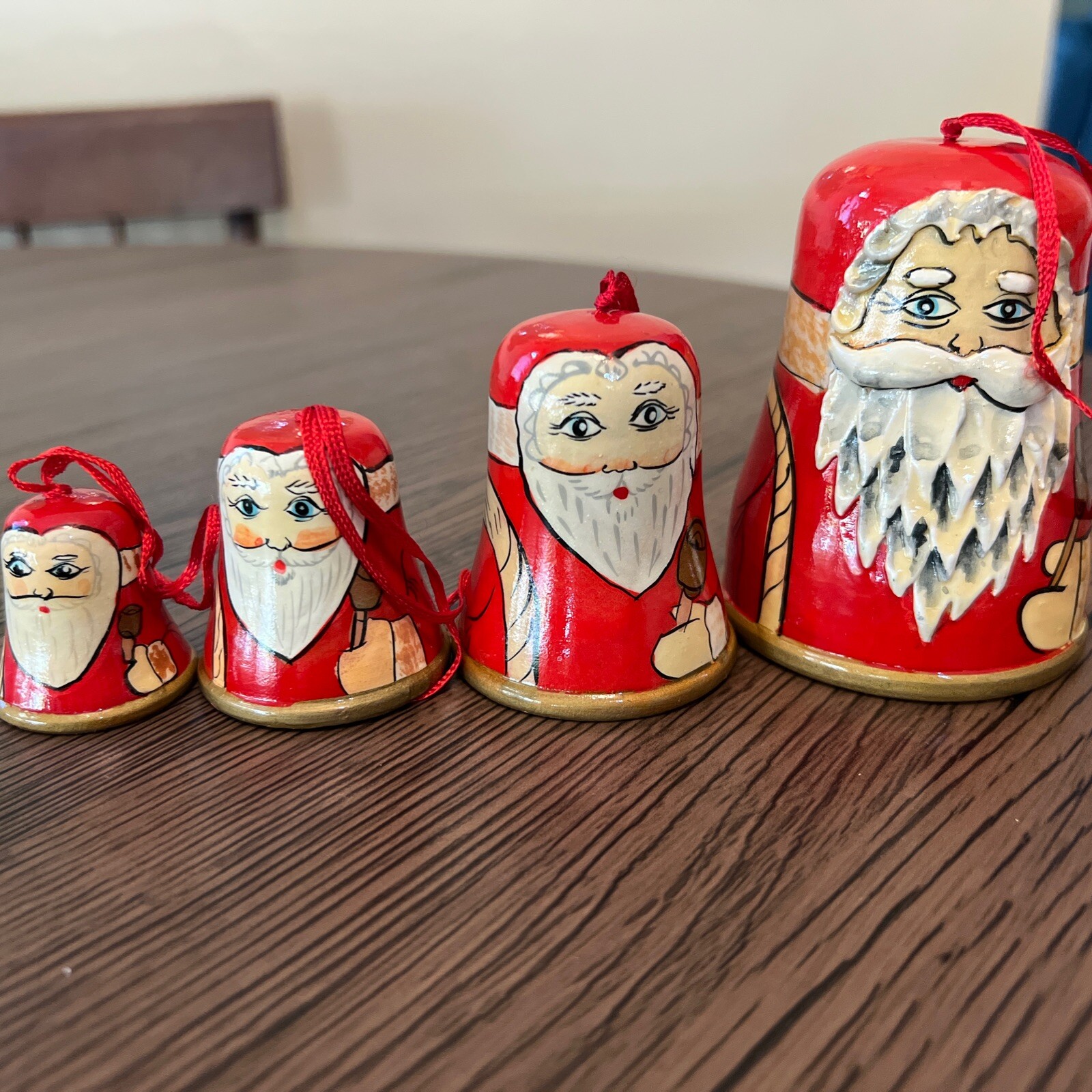4 VTG Wood Bells Santa Christmas Hand Painted Graduated Sizes Ornaments Crafted