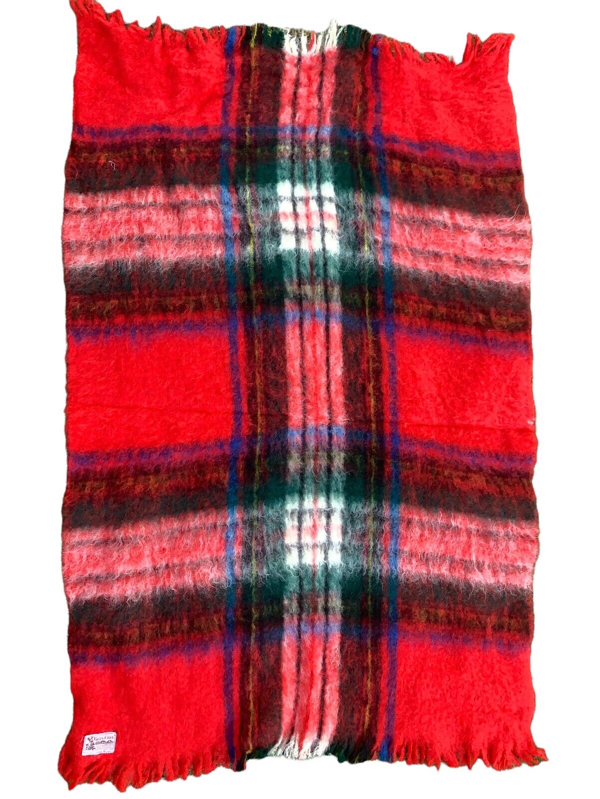 Vtg GLEN CREE Tartan Plaid Mohair Fringed Blanket Throw Made In Scotland 45x70
