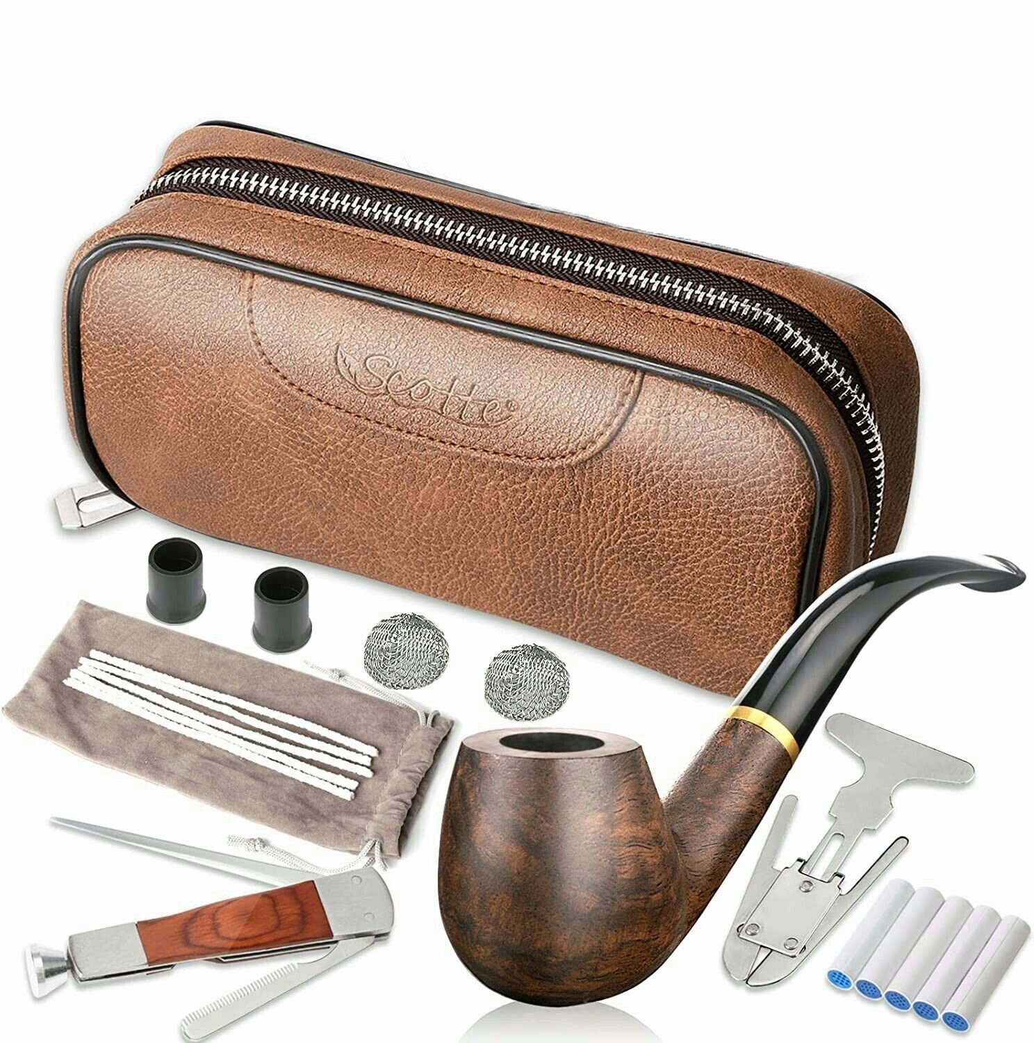 Tobacco Smoking Pipe,Leather Tobacco Pipe Pouch Pear Wood Pipe Accessorie