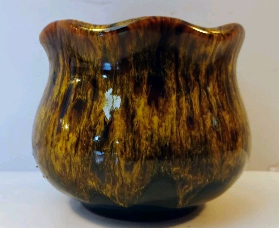 Vintage Ceramic Small Planter Scalloped Rim Drip Glaze Brown Yellow Flower Pot