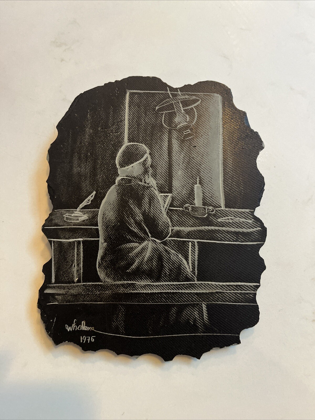 Rabbinical Study by Joseph P. Whalen - Miami artist- Etching On Slate 1976 EUC