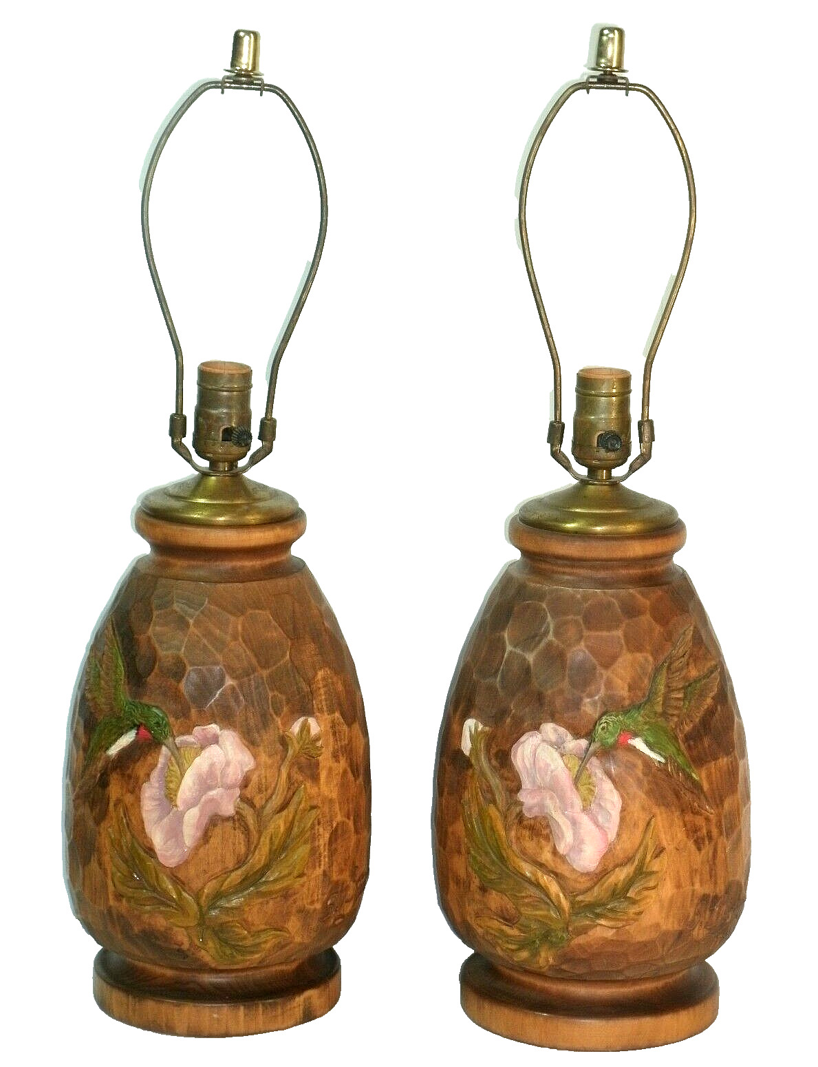 Vintage Lighting Pair Hand Carved Hummingbird Relief Wood Table Lamps