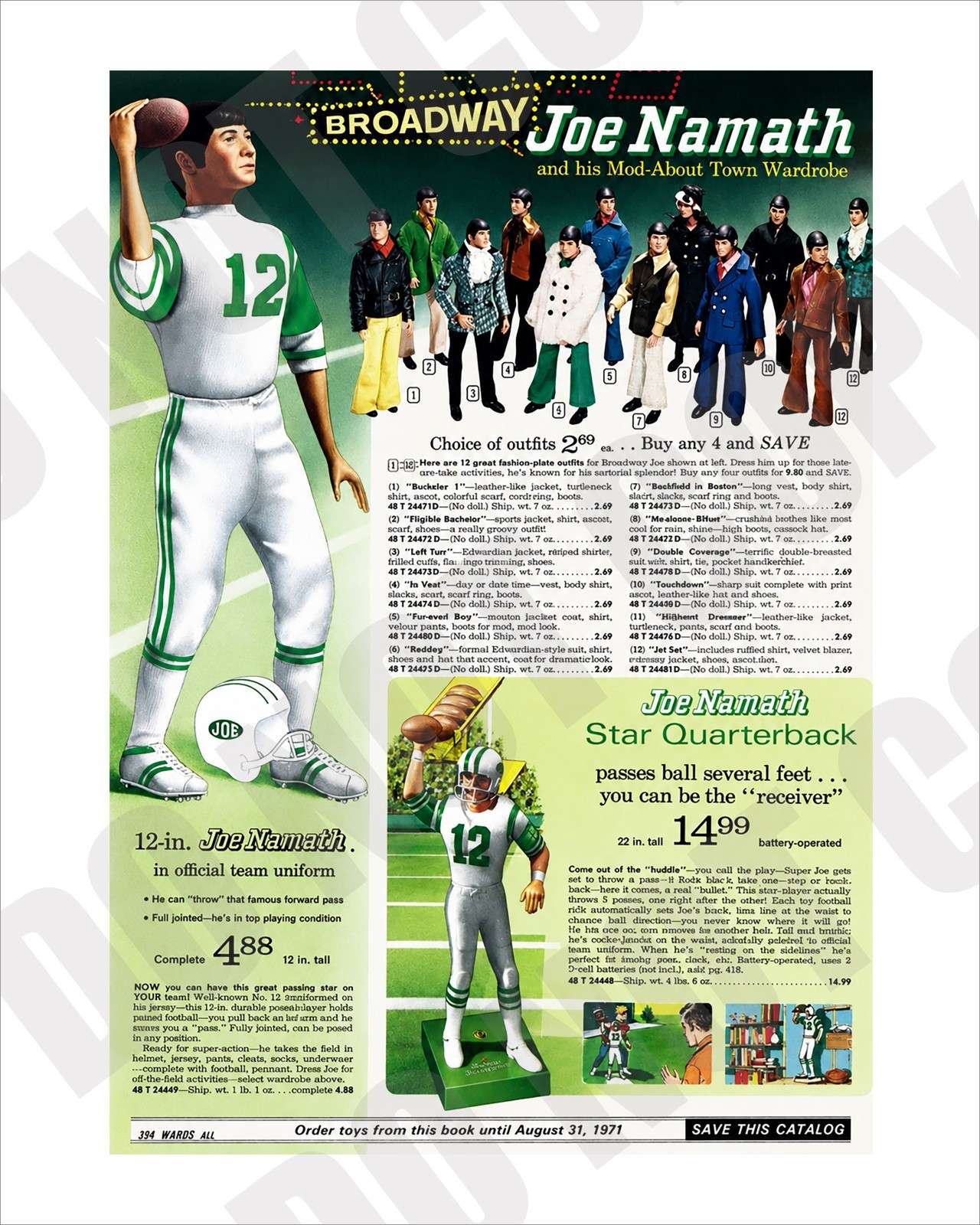 1970 Broadway Joe Namath Figure Mod-About Town Wardrobe Wards Catalog 8x10 Photo