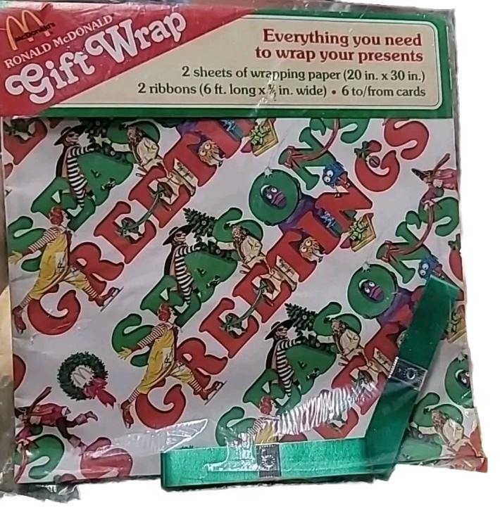 vintage Ronald McDonald Christmas Wrapping Paper Stickers Ribbon Bow gift set 