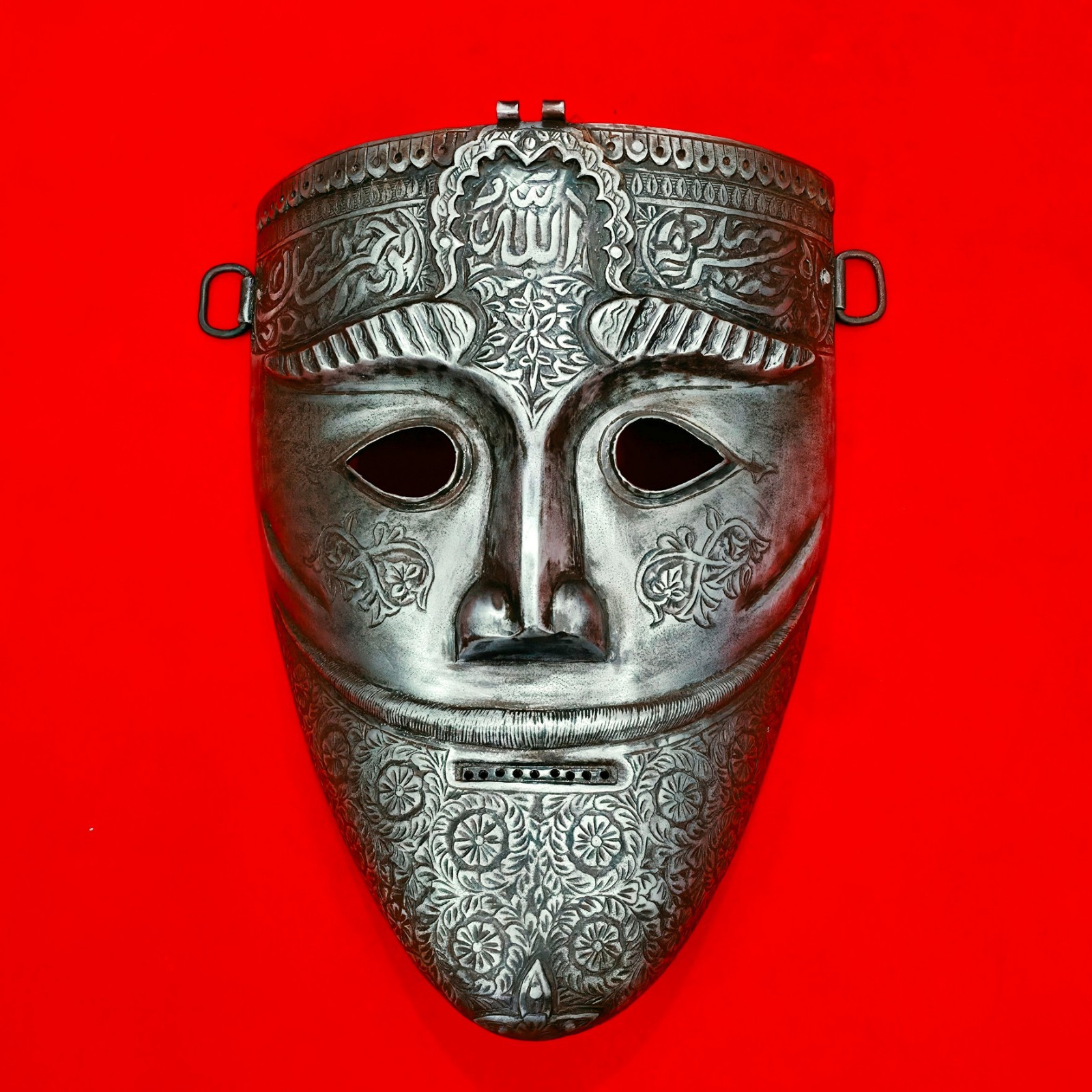 VINTAGE IRON MUGHAL INDO PERSIAN ISLAMIC WARRIOR'S FACE MASK ARABIC INSCRIPTION