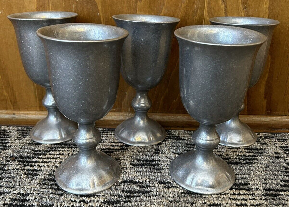 CARSON PEWTER GOBLETS Set of 5 Freeport PA Drinking Cups Matte Chalice 6-1/2\