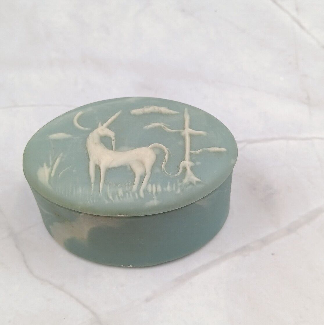 Vintage Robert Nemeth Blue Incolay Soap Stone Oval Unicorn Trinket Ring Box