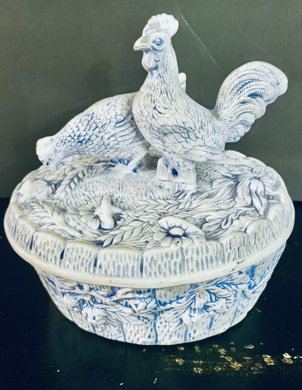 Vintage Ceramic Lidded Rooster And Hen 7 1/2” Dish Signed I CD, dated 1967