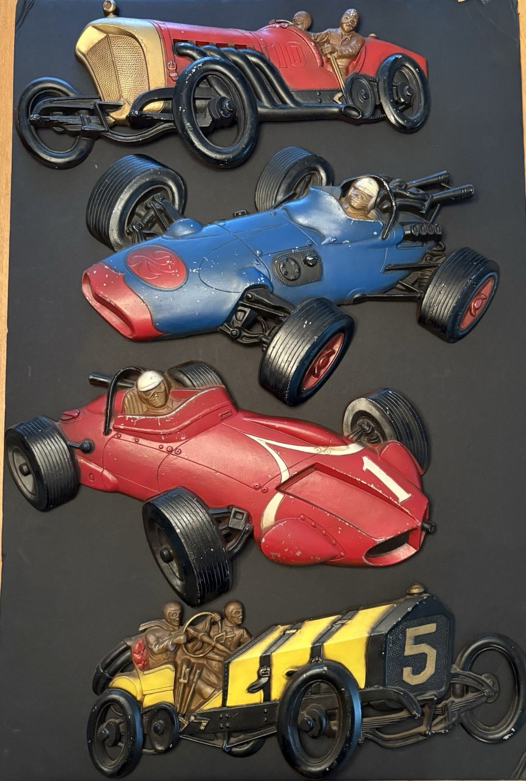Vintage 1966 Sexton USA Cast Metal Race Car Wall Plaques Set Of 4