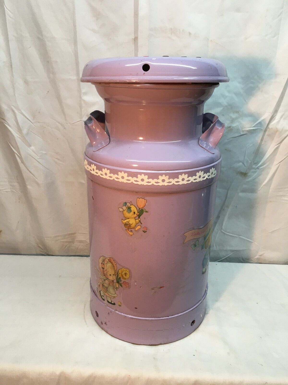 Vtg 7 Gallon Steel Milk Can Purple Easter Spring Decals  Table Plant Stand