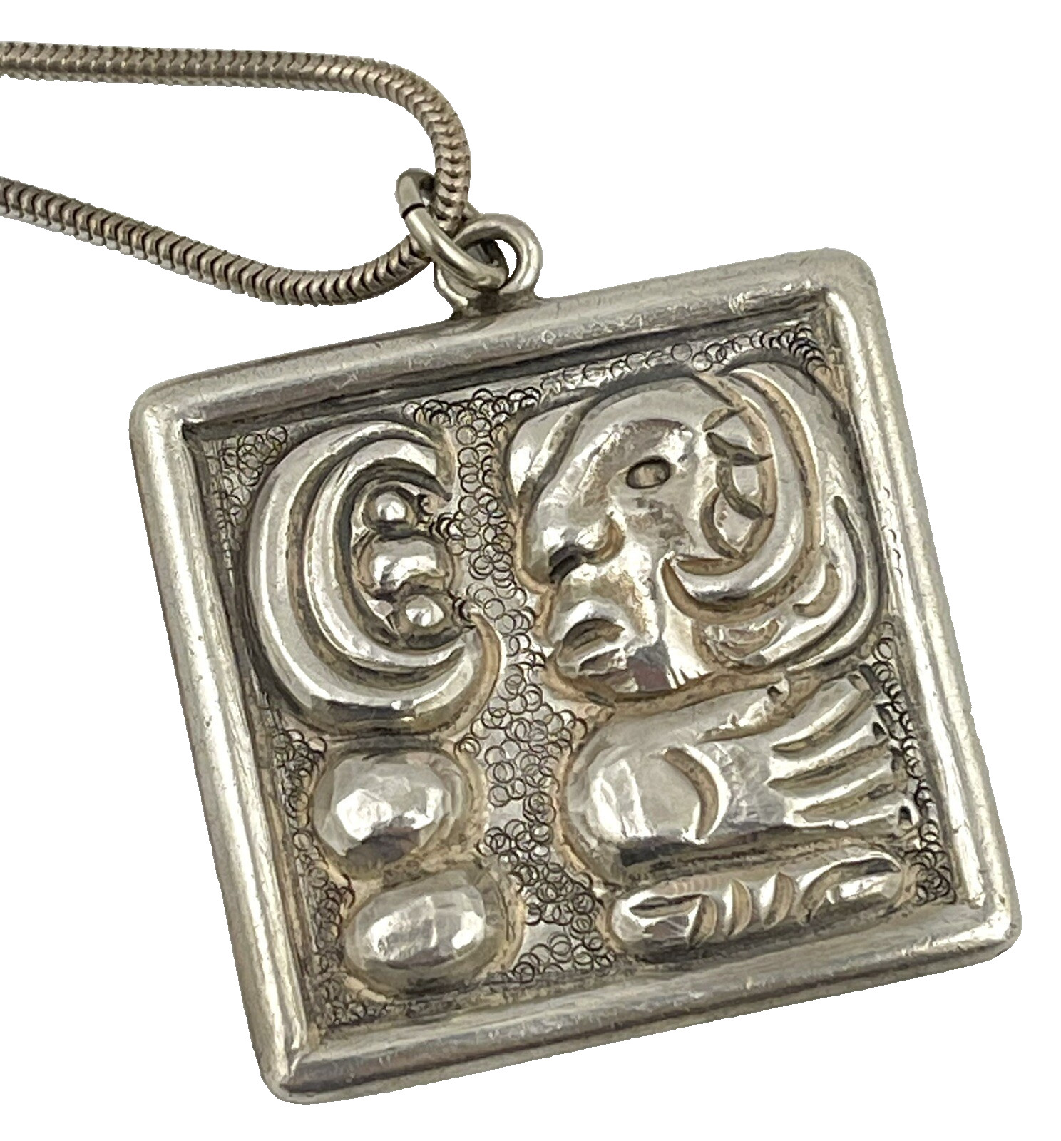 JCE Sterling Silver Pendant INAH Repousse Warrior Mask Mexico Folk Art Necklace