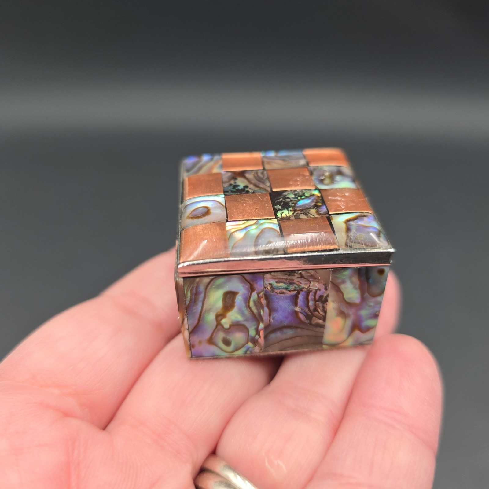 Vintage Abalone Shell and Copper Checkerboard Inlay Trinket Pill Box Mosaic