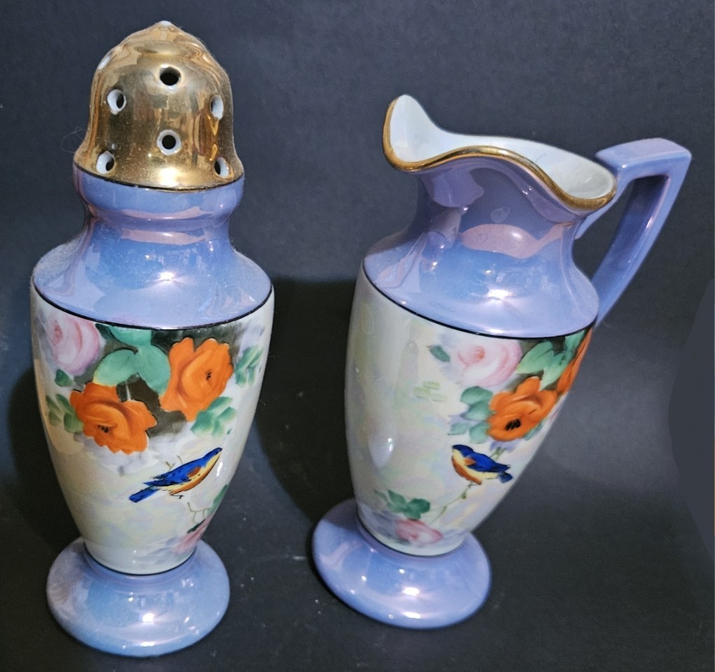 Vintage Noritake Porcelain Lusterware Purple Creamer & Sugar Shaker 6.5”
