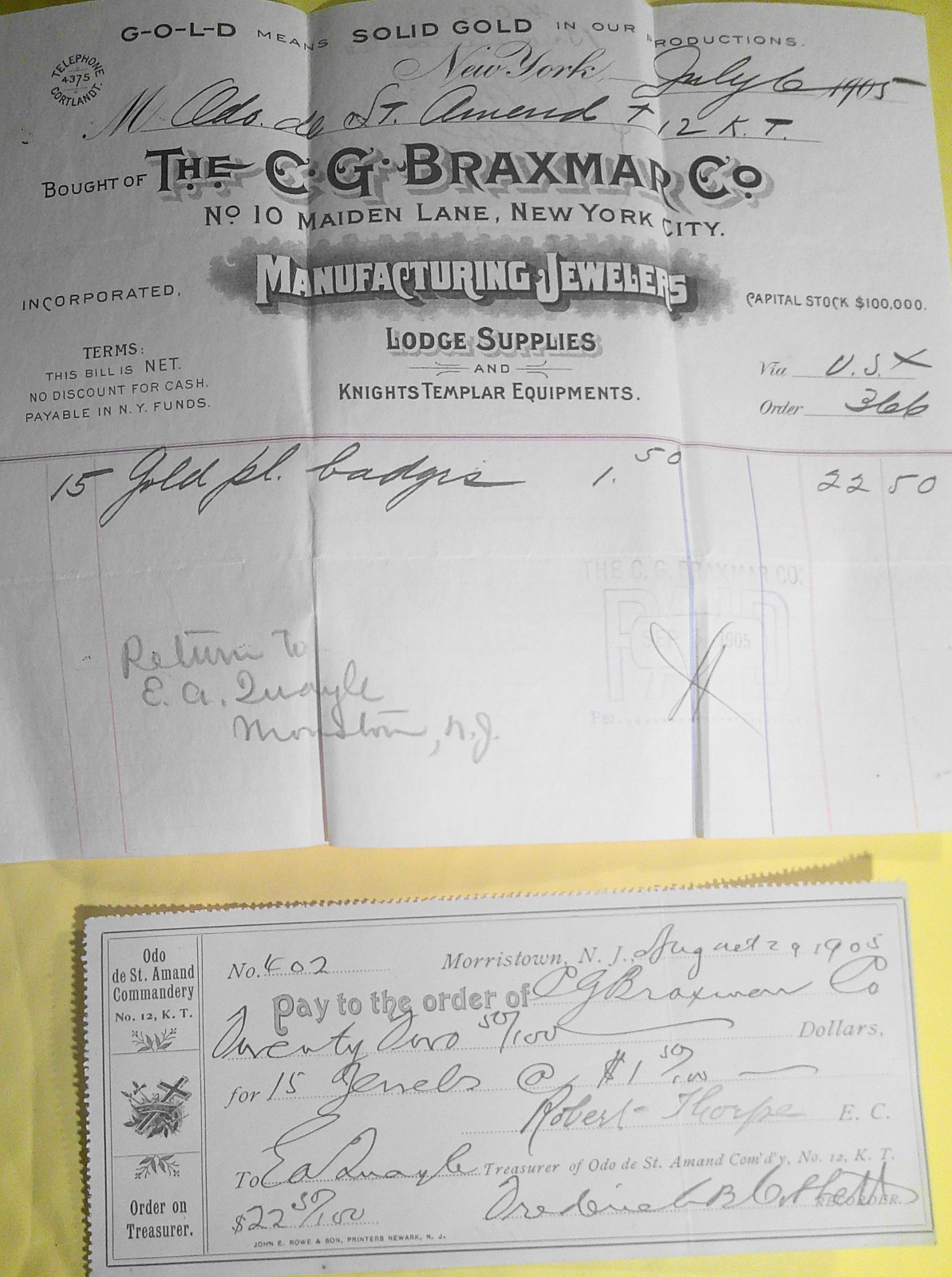 1905 Masonic Knights Templar CG Braxmar NY Gold Plated Badges Receipt & Voucher