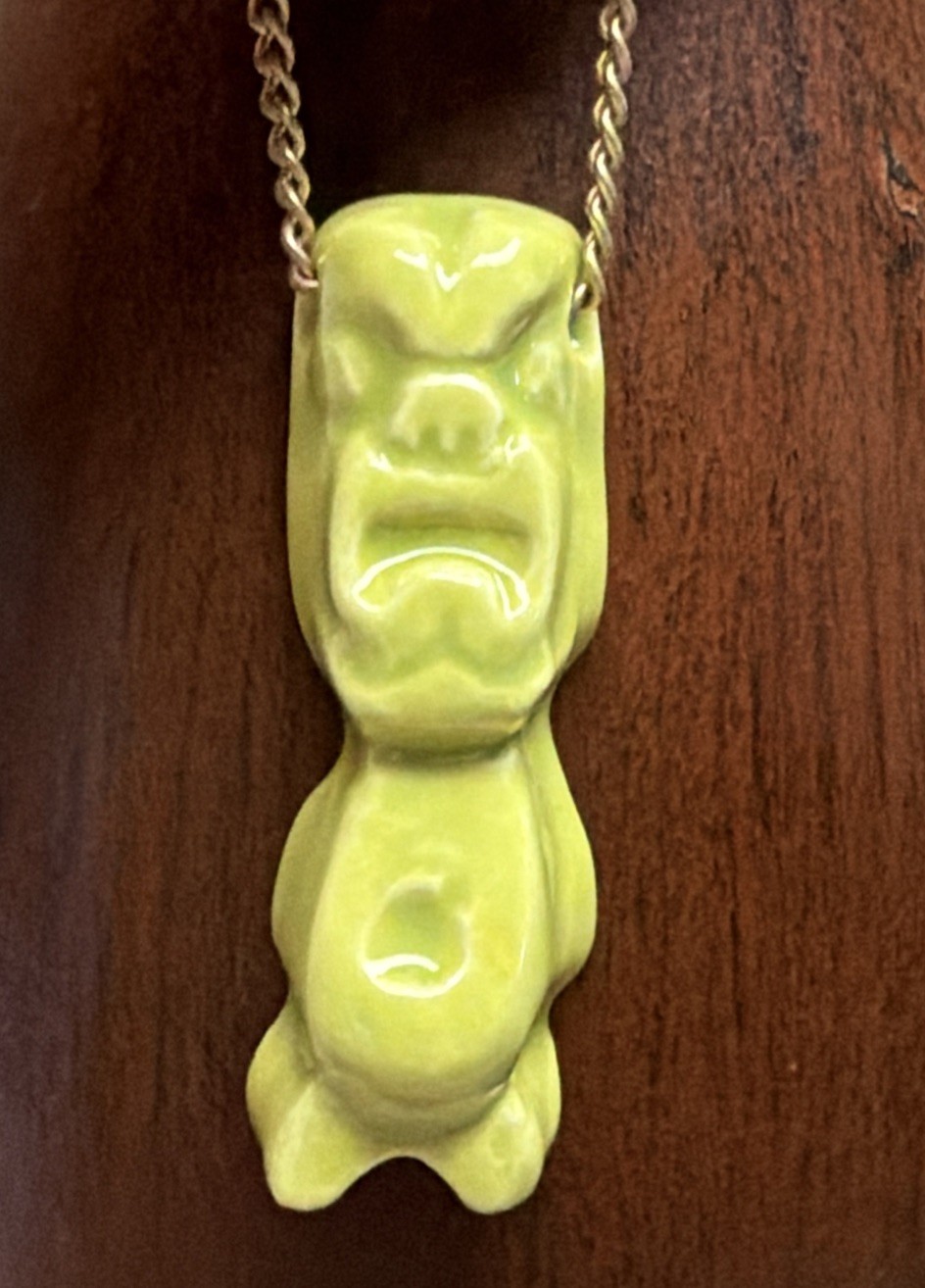 Vintage 1970s Ceramic Lime Figural Tiki Statue 22” Necklace Pendant Vintage 1970s Ceramic Lime Figural Tiki Statue 22” Necklace Pendant