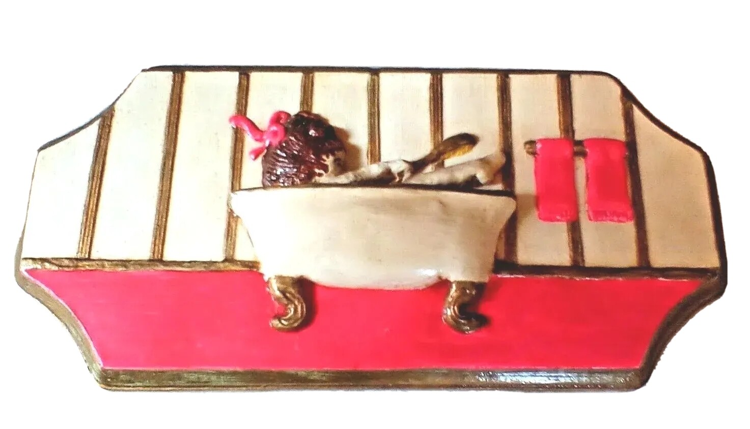 Vintage Bathing Lady Women Bathroom Wall Sign Pink Chalkware Bathtub Mid Century