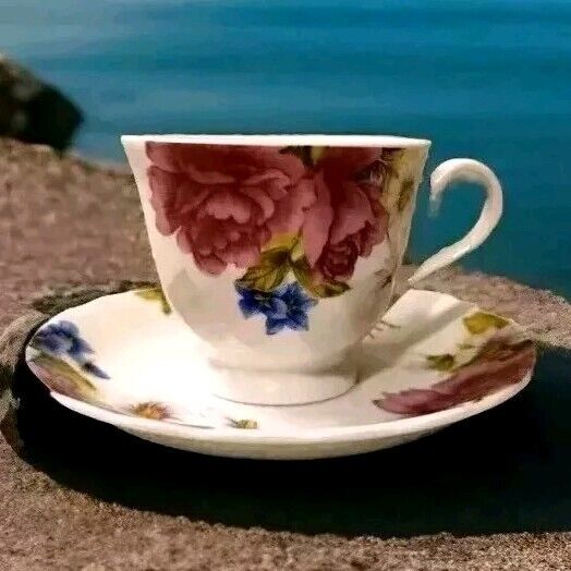 Beautiful Pink Blue Flower Shades Bone China Tea Cup And Saucer Made In India