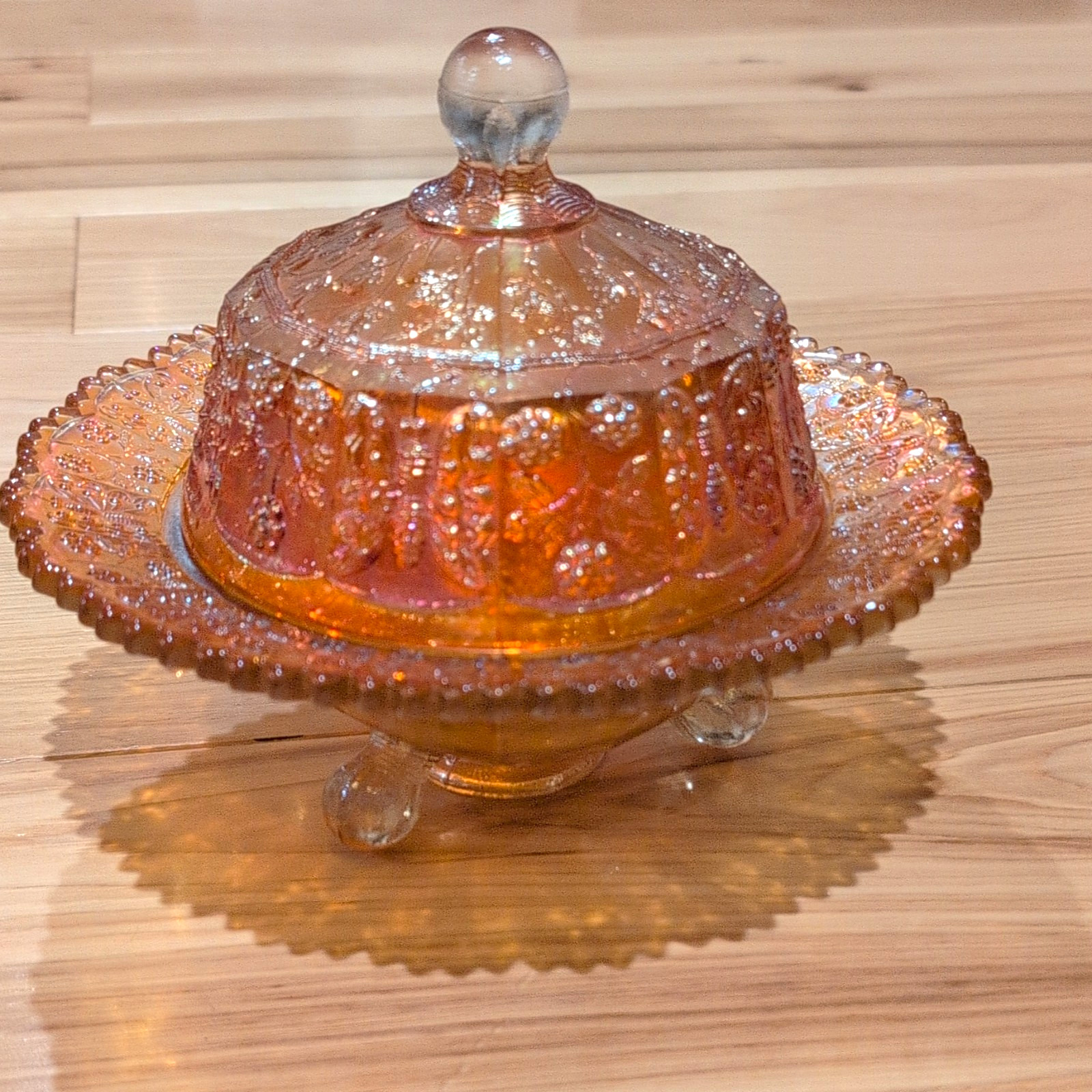 Iridescent Fenton Carnival Glass Butterfly and Berry Pattern Covered Dish - READ Iridescent Fenton Carnival Glass Butterfly and Berry Pattern Covered Dish - READ