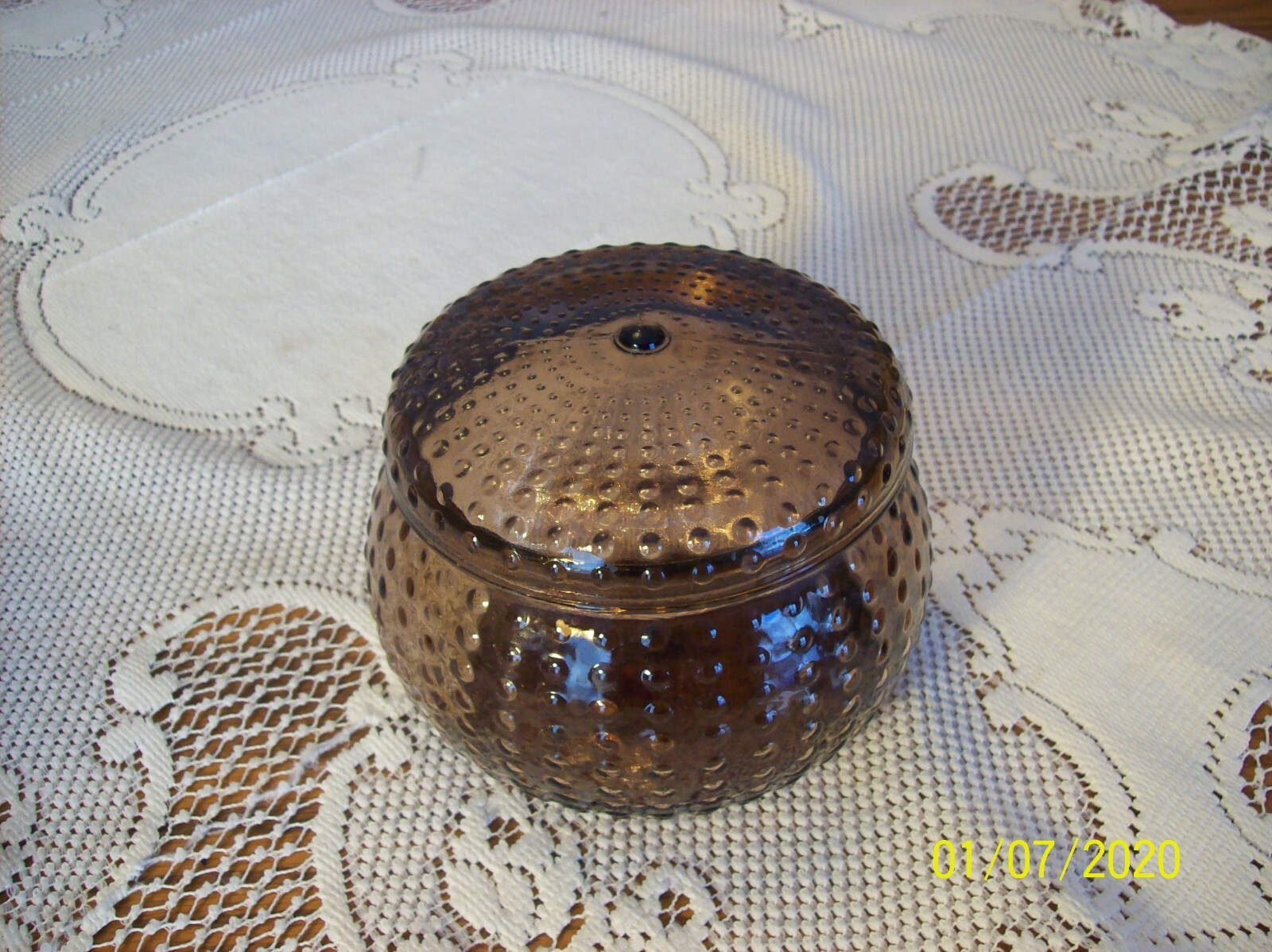Hobnail Root Beer Hand Blown Round Vintage Covered Power, Jewlery Trinket Box