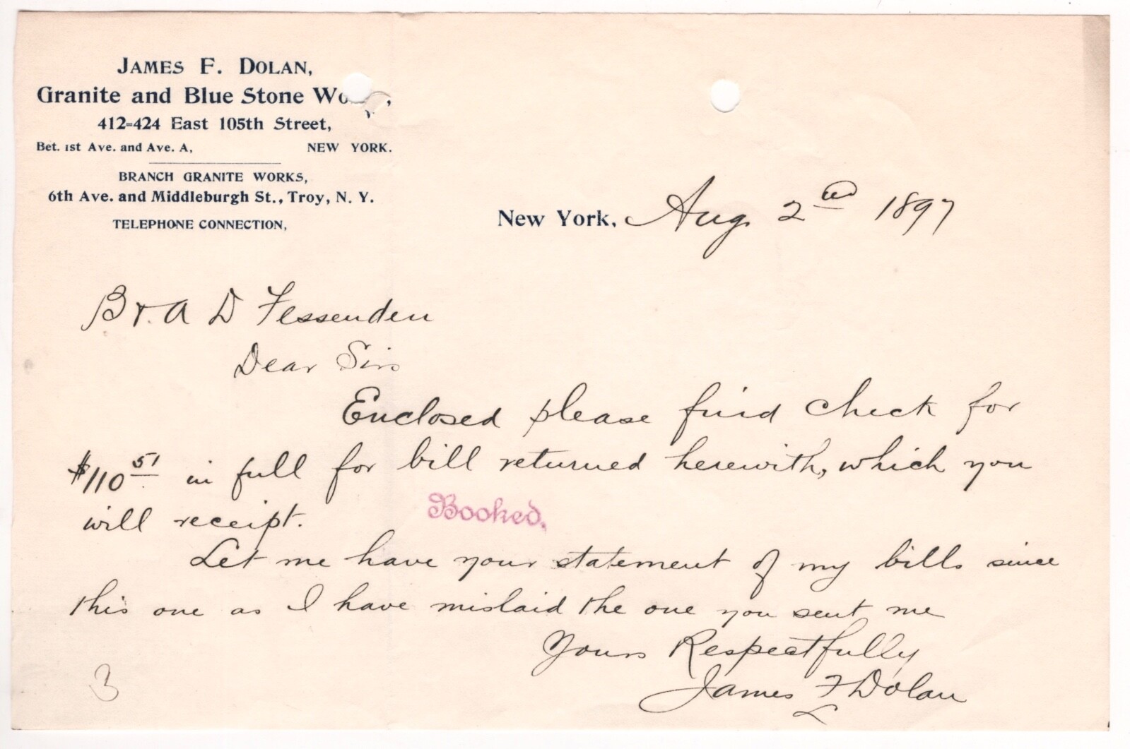 1897 JAMES DOLAN LETTERHEAD GRANITE BLUE STONE WORKS EAST 105TH ST NEW YORK