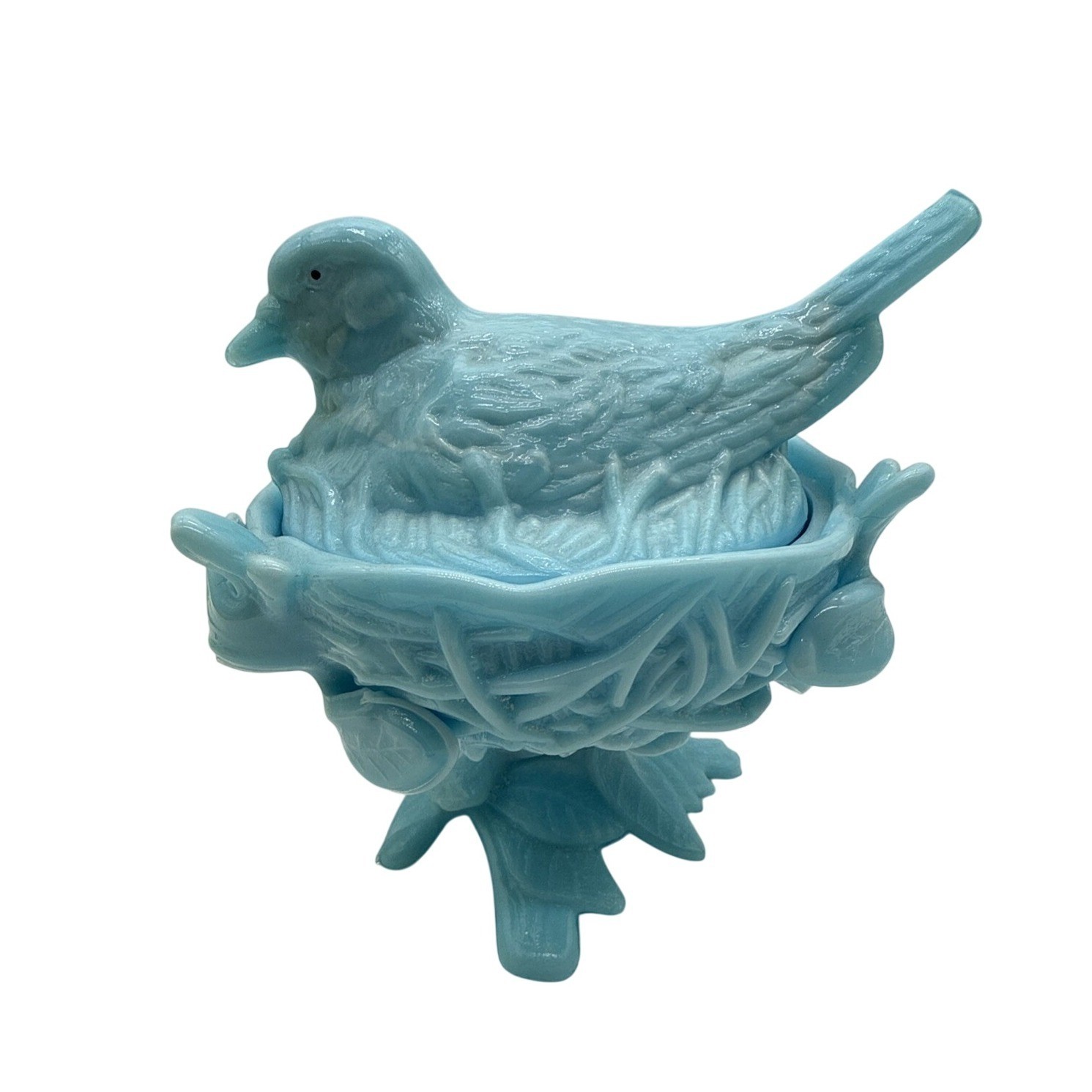 Vtg Westmoreland Robin Bird Dove On Nest Footed Bowl Dish & Lid Blue Milk Glass